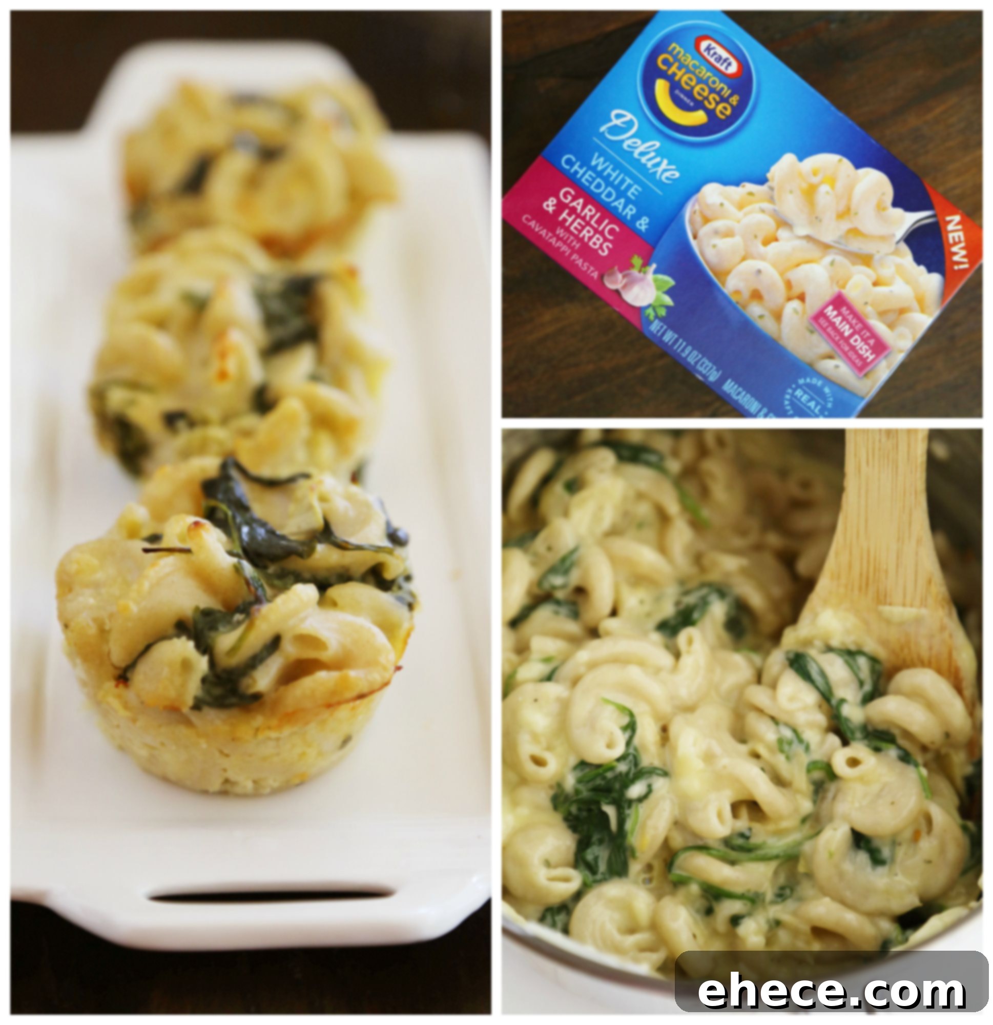 Creamy Spinach Artichoke Mac and Cheese Bites 3 Close-up of baked Spinach and Artichoke Macaroni and Cheese Bites, showing their golden brown exterior and creamy texture, ready to be enjoyed.