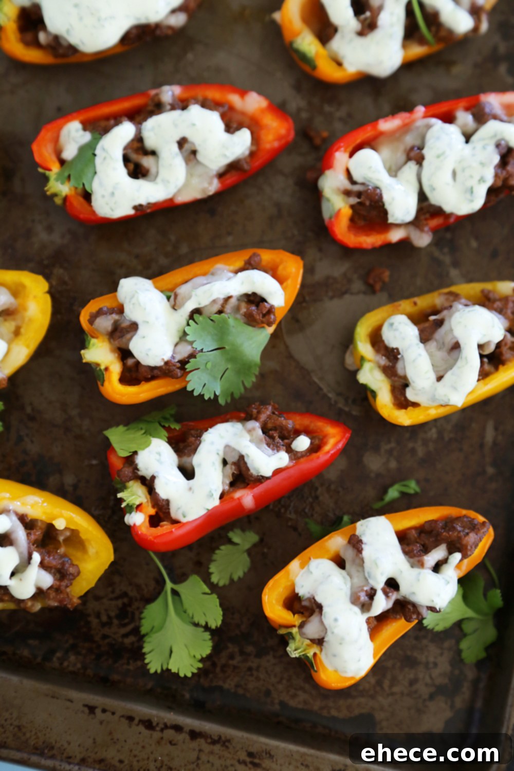 Platter of Mini Taco Stuffed Peppers with Cilantro Cream Sauce, perfect for appetizers.