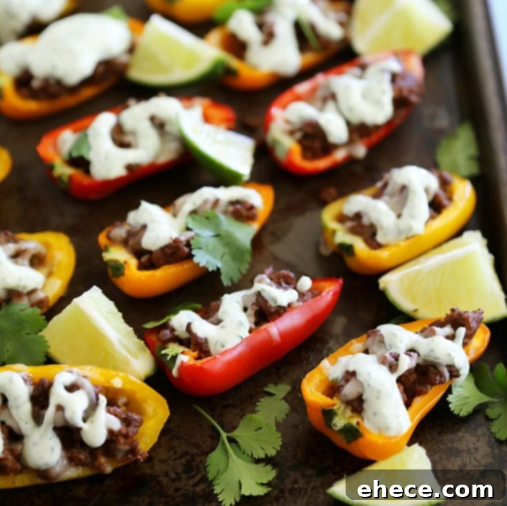 Mini Taco Stuffed Peppers with Cilantro Cream Sauce