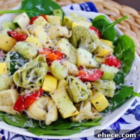 Vibrant Tortellini Spinach Salad with fresh vegetables and cheese