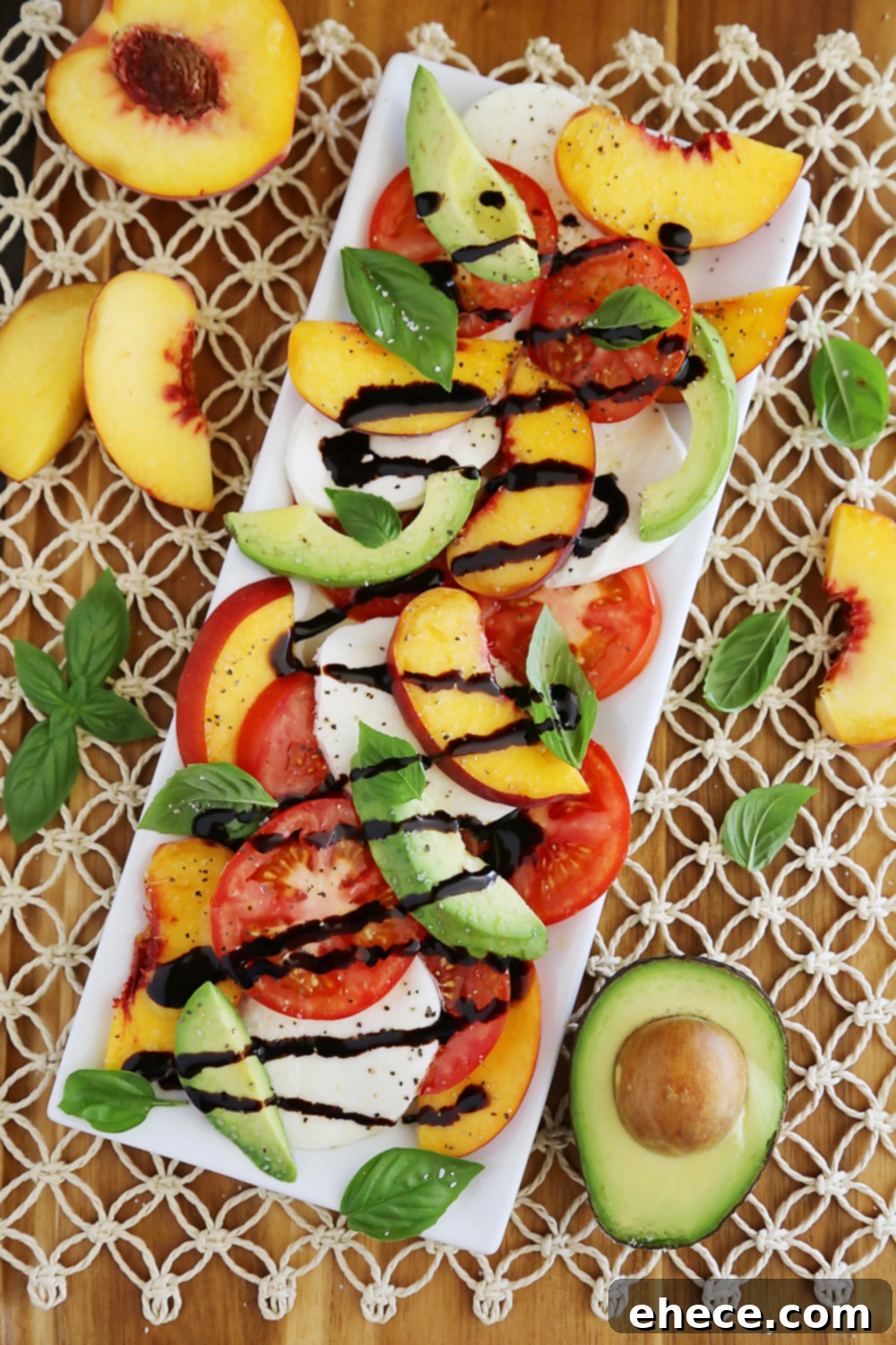 Sun-Kissed Peach and Avocado Caprese 2 Peach and Avocado Caprese Salad - A delightful blend of salty, sweet, tangy, and fresh flavors. Perfect with crusty bread and a side salad. Thecomfortofcooking.com