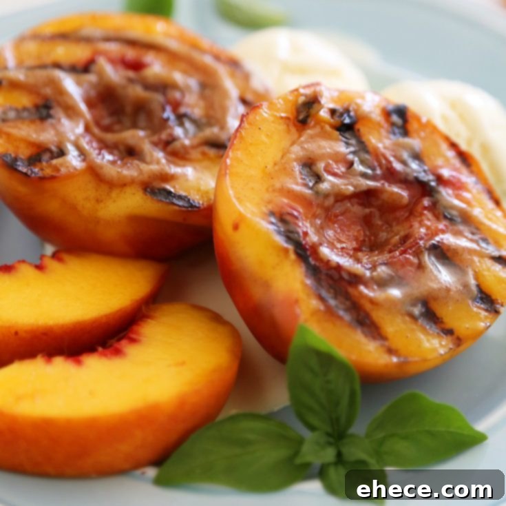 Beautifully presented grilled peach dessert on a rustic wooden board, ready to be enjoyed.